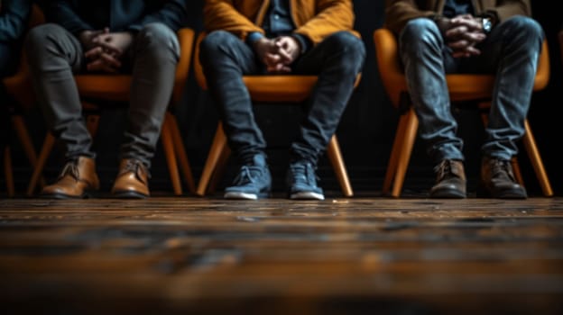 Legs of three men sitting on chairs, hands convey tension and anticipation, the concept of psychological support