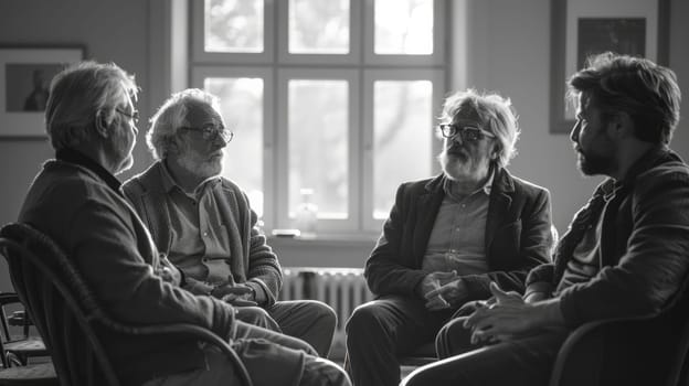 A black and white image of four elderly gray-haired men sitting on chairs arranged in a circle. The concept of psychological support groups for the older generation
