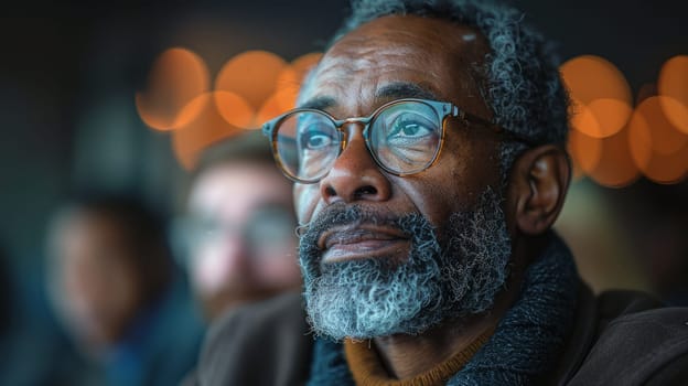 Portrait of an attentive and concentrated elderly man with glasses and a beard on the blurred background of a group of people.A Focused Man With Grey Hair and Glasses