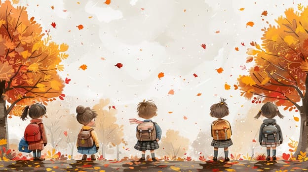 Five children in school uniform with backpacks standing in a yard strewn with autumn leaves.back to school, copy space