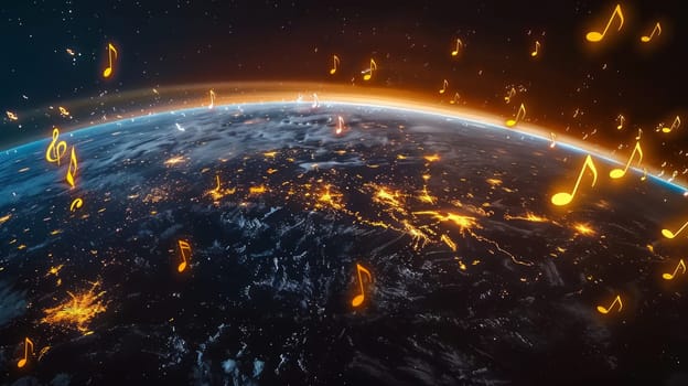 notes around the earth. On a dark background, the globe with rhythmic notes hovering above the planet, a beautiful banner for a musical performance and festival