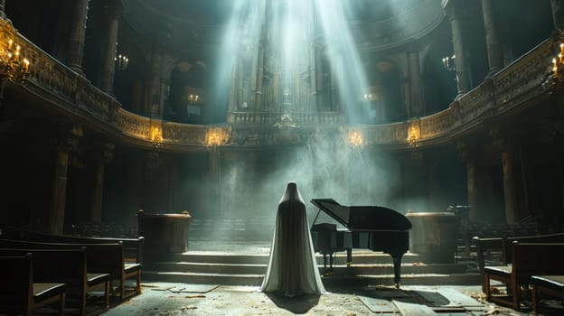 spotlights from above illuminate the faceless translucent ghost piano in the old theater.
