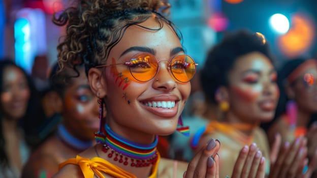 Beautiful young woman enjoying fashion show or concert, applauding audience can be seen in the background.