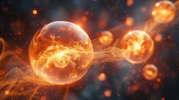Transparent orange energy balls floating in the air, on a mystical and dark background