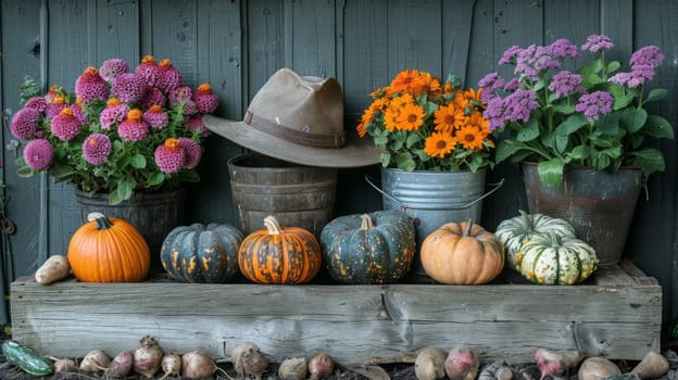 Pumpkins from the autumn harvest next to the farmer's hat and flowers