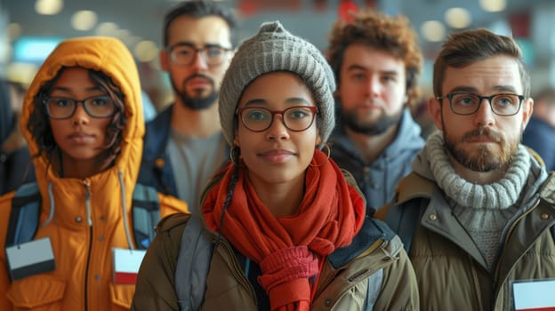 A diverse group of volunteers stands at the polling station .