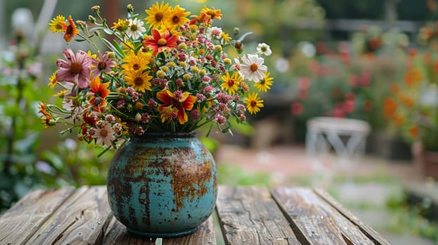 Adorable bouquet of wildflowers in a vintage vase on a wooden table in the garden against a background of softly blurred greenery and flowers. Copy space