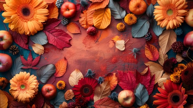 Abstract background.Autumn painting with bright colorful leaves, dried flowers, fruits