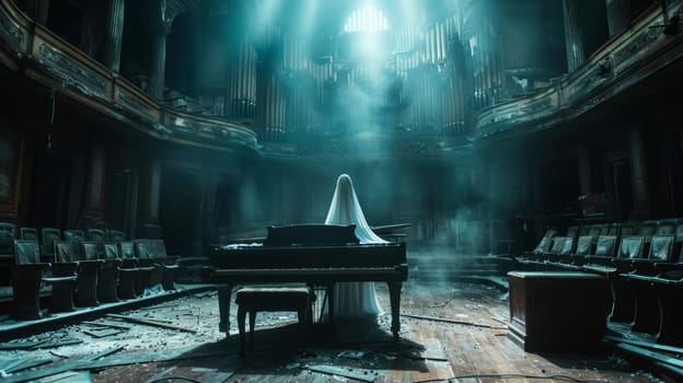 A ghost in white hovers near the piano in the old theater - moonbeams penetrating through the window above.