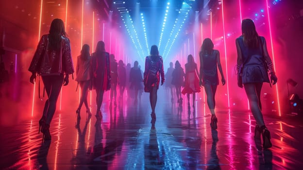 Fashion show with elegant models walking down the catwalk in stunning outfits, bright lighting and chic modern stage design.