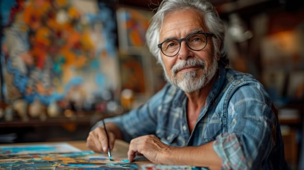 A middle-aged man participates in art therapy, draws and looks emotionally involved. In the background is an art studio with bright colors and artwork.