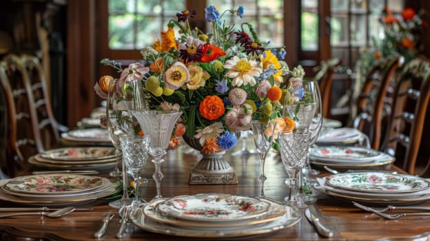 Luxury dining table with fine china and glassware, featuring a large colorful floral centerpiece, creating a luxurious and intimate atmosphere for a formal gathering. Copy space