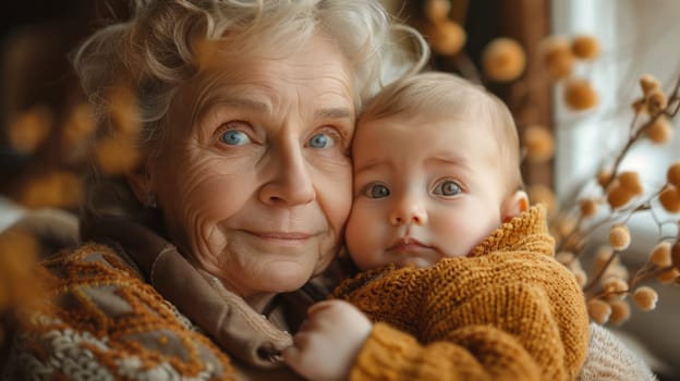 A great-grandmother holds her beloved grandson in her arms by the window.