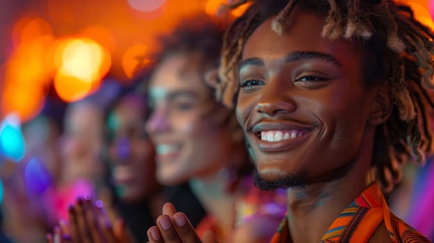 A joyful group of fashion lovers enjoy the show, clapping and reacting, while applauding spectators can be seen in the background.