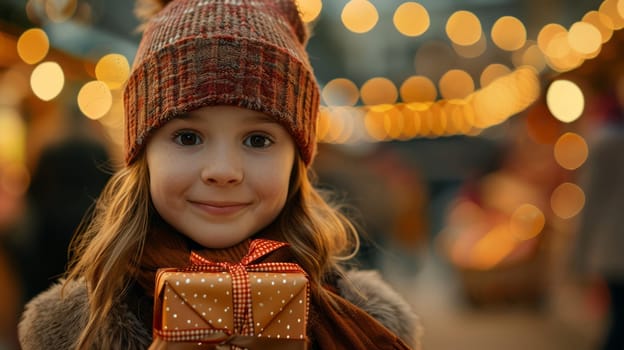 Close-up Young girl, warmly dressed in a hat and scarf, smiling while holding a wrapped Christmas present.