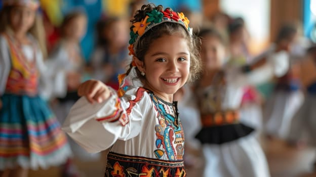 Cheerful kids in colorful traditional outfits dance happily during the holiday. Bright colors and their happy faces convey the energy and excitement of this event.