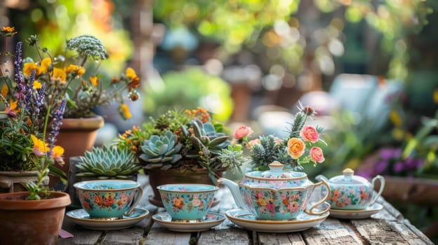 A table in the garden, set with a vintage tea set with succulents and flowers. Copy space