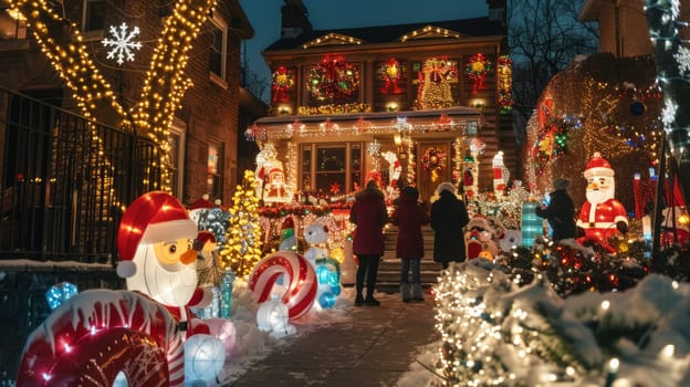 The family decorates their home with Christmas lights and inflatable figures, creating a festive scene.