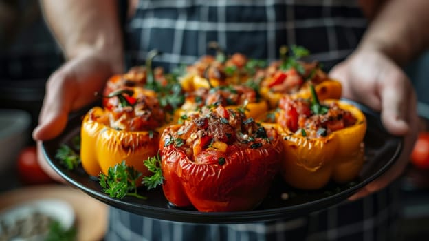 Close-up of hands serving plate with stuffed peppers