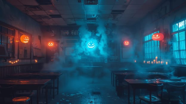 A creepy school classroom with desks, blue fog and ghostly figures, candles and a pumpkin.