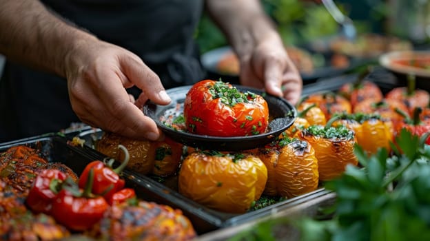 the seller puts peppers on the customer Delicious stuffed peppers in a serving plate.