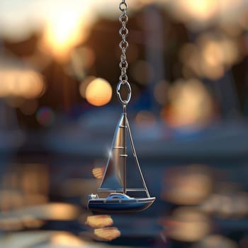 In the foreground hangs an elegant keychain in the form of a sailboat, and behind it on the water you can see a yacht, the concept of travel and sea adventures. Copy space