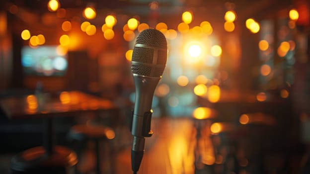 Microphone positioned on stage in a cozy, dimly lit location with soft, warm light in the background