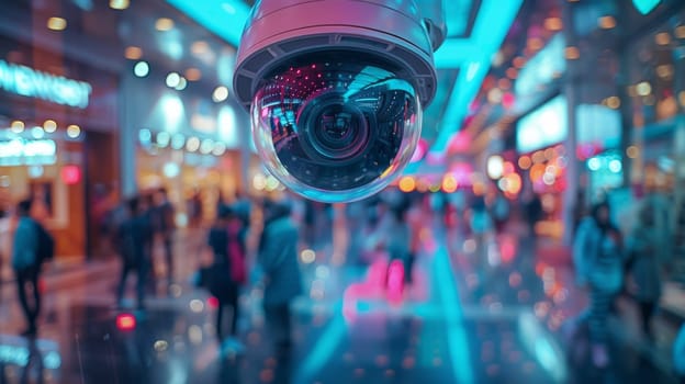 A surveillance camera that scans shoppers in a store and tracks their movements in a busy shopping mall is a security concept in a modern retail environment. A copy of the space.