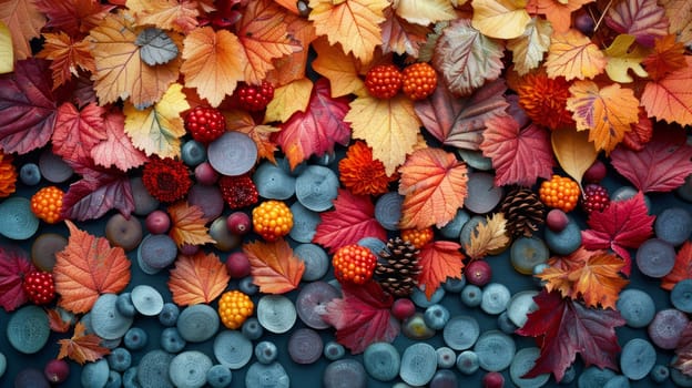 Abstract background.Autumn painting with bright colorful leaves, dried flowers, fruits