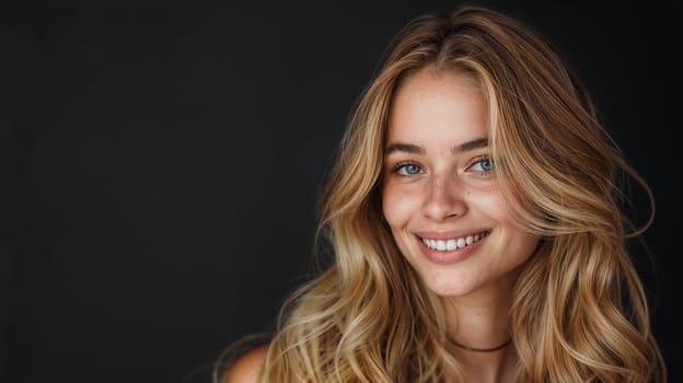 Happy pretty young woman with long blonde hair on a black background has a smiling face.copy space