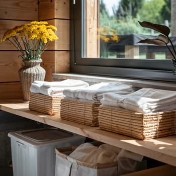 A cozy laundry room featuring wicker baskets filled with neatly folded towels and a vase of yellow flowers by the window