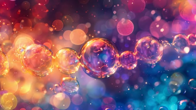 Close-up of multi-colored bubbles floating on an abstract space background, bright shades and soft focus. Copy space