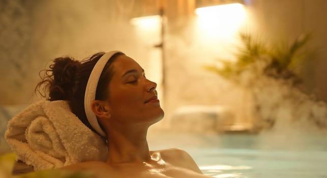 Wellness Spa: Young beautiful relaxing woman sitting in bathtub and undergoing spa treatments