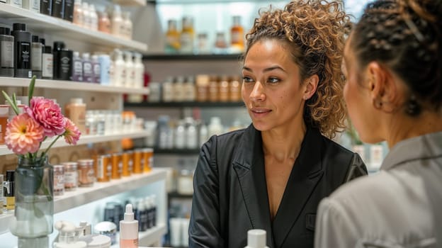 A customer chooses cosmetics with a sales consultant in a cosmetics store.
