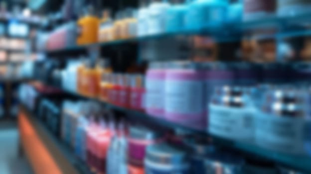 Abstract blurred background of a beauty store with a bunch of cosmetics.Copy space