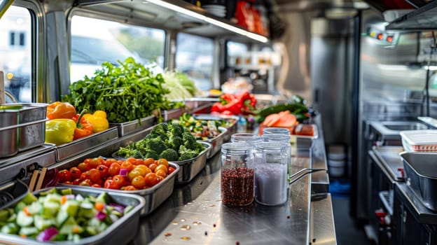 Inside the food truck kitchen, a food preparation station, utensils and fresh ingredients are shown, ready to be prepared.