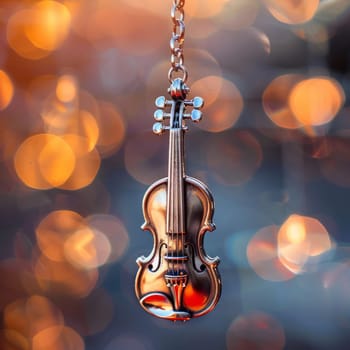 The detailed violin decoration delicately hangs on the Christmas tree surrounded by warm lights and softly focused holiday decorations, the concept of the holiday. Copy space