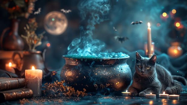 A mystical Halloween decoration with a witch's cauldron in which a potion is boiling, surrounded by books, candles and a black cat, against the background of the full moon and bats.