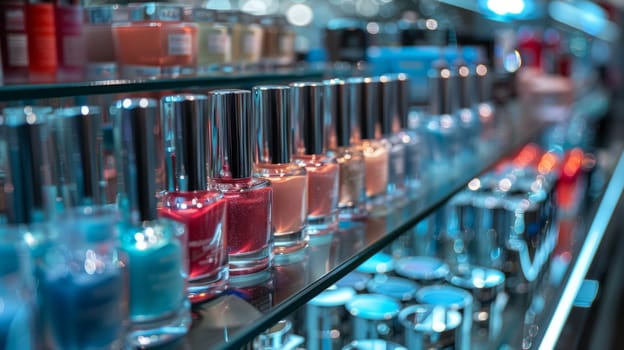 A variety of nail polishes are neatly laid out on glass shelves in a cosmetics store, showing customers a wide range of shades and options. Copy space