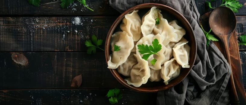 Steamed dumplings are garnished with bright parsley in a ceramic bowl, showcasing the simplicity and elegance of comfort food