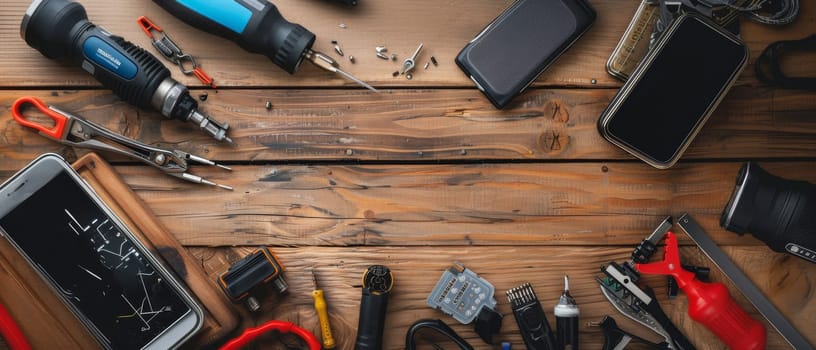 A collection of tools and electronics on a wooden table. The tools include a screwdriver, a wrench, and a hammer. The electronics include a cell phone, a laptop, and a keyboard
