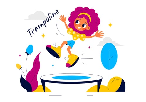 Vector Illustration of a Little Boy or Girl Jumping on a Trampoline, Enjoying Summer Outdoor Activities with a Flat Style Cartoon Background