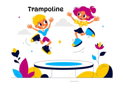 Vector Illustration of a Little Boy or Girl Jumping on a Trampoline, Enjoying Summer Outdoor Activities with a Flat Style Cartoon Background
