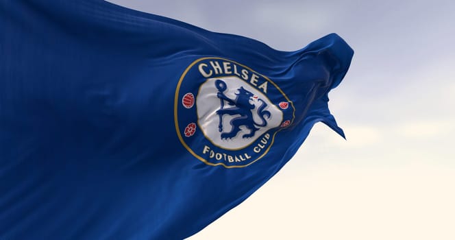 London, UK, Aug 10 2024: Close-up of Chelsea Football Club flag waving on a clear day. Blue Heraldic lion holding a staff. Illustrative editorial 3d illustration render. Fluttering fabric
