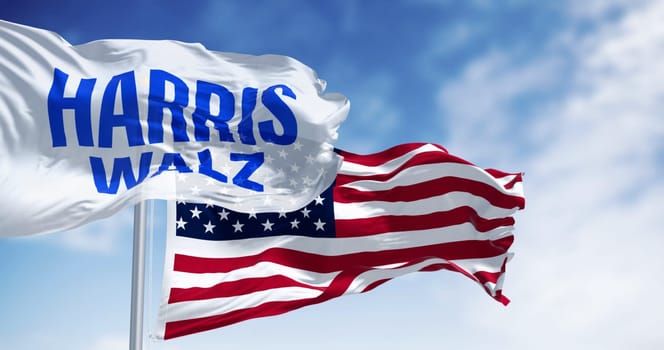 Washington D.C., US, July 22 2024: Kamala Harris 2024 presidential campaign flag waving with the american flag. Illustrative Editorial 3d illustration render. 2024 US presidential election