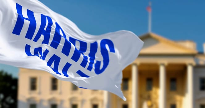 Washington D.C., US, July 22 2024: Flag with Kamala Harris and Tim Waltz 2024 presidential election campaign logo waving in front a blurred White House. Illustrative editorial 3d illustration render