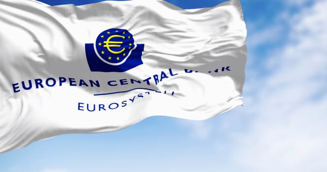 Frankfurt, DE, Aug 27 2024: Close-up of the European Central Bank flag waving in the wind. Illustrative editorial 3d illustration render. Selective focus