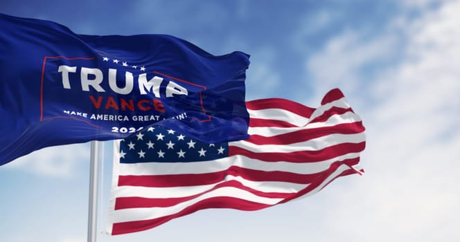 Arlington, US, Aug. 22 2024: Donald Trump and JD Vance 2024 presidential campaign flag waving with american flag waving together. 2024 US presidential election. 3d illustration render