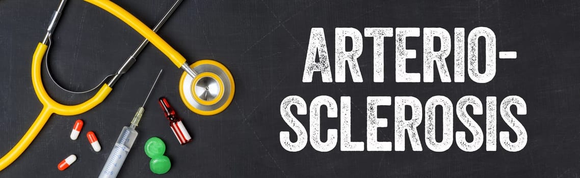 Stethoscope and pharmaceuticals on a blackboard - Arteriosclerosis
