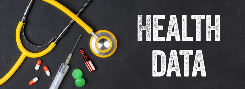 Stethoscope and pharmaceuticals on a blackboard - Health Data